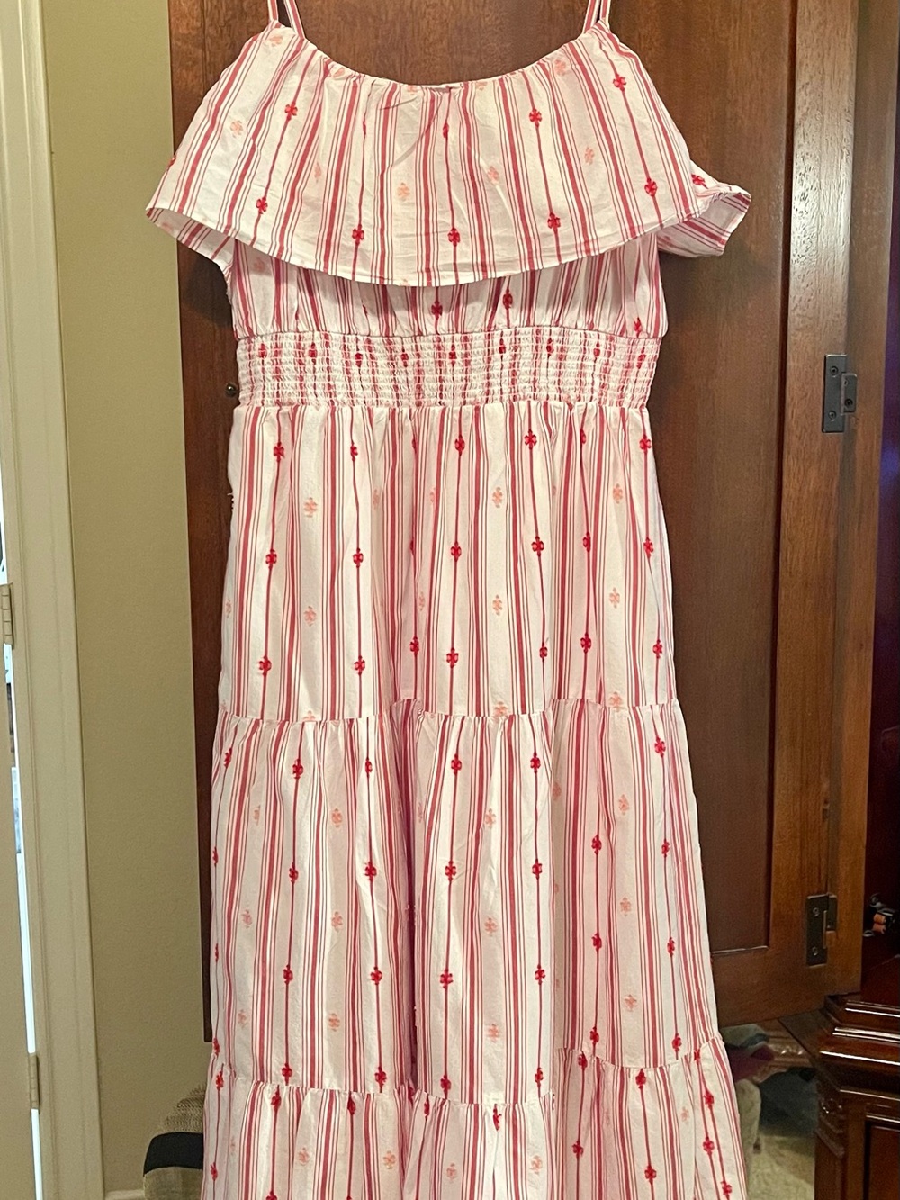 LOFT Pink & Red Striped Floral Ruffle Sundress